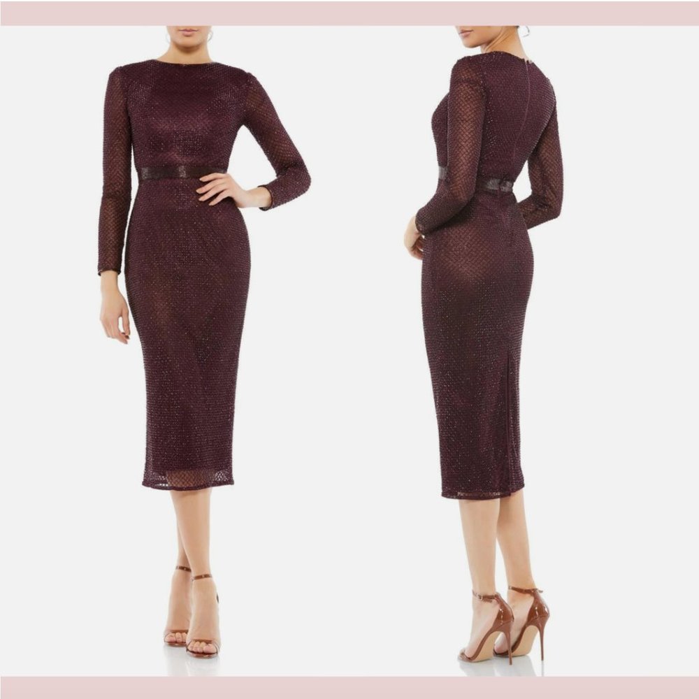 NEW $398 Mac Duggal [ 10 ] Bugle Beaded‎ Long Sleeve Midi Dress Abergine #Q487